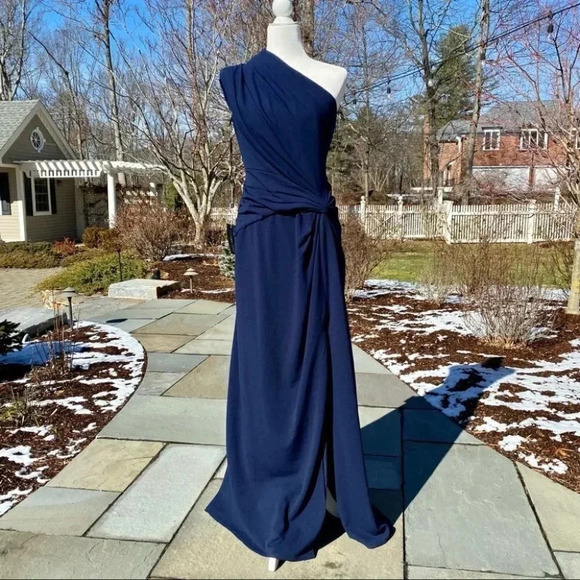 NWT BHLDN Tadashi Shoji Quinn Maxi One Shoulder Dress Wedding Formal Navy Med - Picture 7 of 15